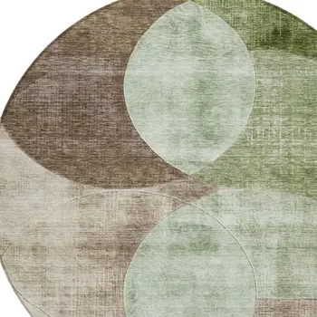 8' Artichoke Green Brown And Beige Round Geometric Washable Indoor Outdoor Area Rug