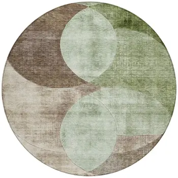 8' Artichoke Green Brown And Beige Round Geometric Washable Indoor Outdoor Area Rug