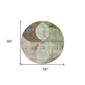 8' Artichoke Green Brown And Beige Round Geometric Washable Indoor Outdoor Area Rug