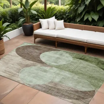 10' X 14' Artichoke Green Brown And Beige Geometric Washable Indoor Outdoor Area Rug