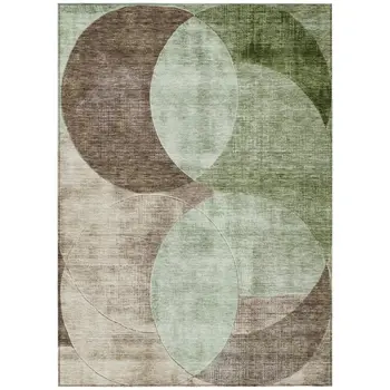 10' X 14' Artichoke Green Brown And Beige Geometric Washable Indoor Outdoor Area Rug