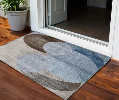 3' X 5' Denim Blue Brown And Beige Geometric Washable Indoor Outdoor Area Rug
