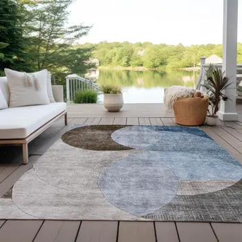 5' X 8' Denim Blue Brown And Beige Geometric Washable Indoor Outdoor Area Rug