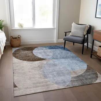 5' X 8' Denim Blue Brown And Beige Geometric Washable Indoor Outdoor Area Rug
