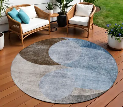 8' Denim Blue Brown And Beige Round Geometric Washable Indoor Outdoor Area Rug