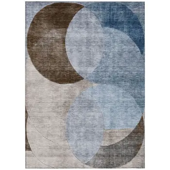 9' X 12' Denim Blue Brown And Beige Geometric Washable Indoor Outdoor Area Rug