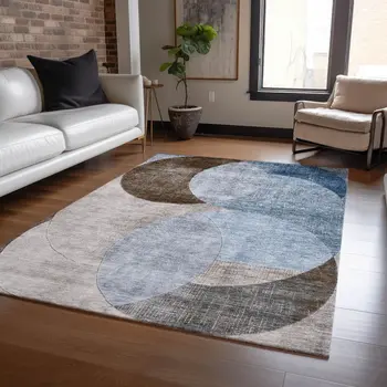 9' X 12' Denim Blue Brown And Beige Geometric Washable Indoor Outdoor Area Rug