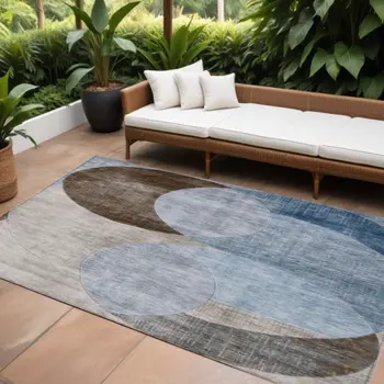 10' X 14' Denim Blue Brown And Beige Geometric Washable Indoor Outdoor Area Rug