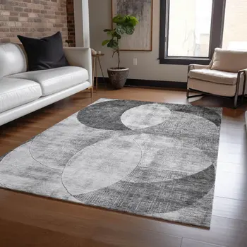 3' X 5' Gray And Charcoal Geometric Washable Indoor Outdoor Area Rug