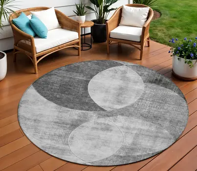 8' Gray And Charcoal Round Geometric Washable Indoor Outdoor Area Rug