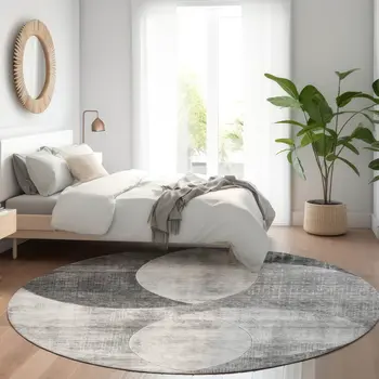8' Gray And Charcoal Round Geometric Washable Indoor Outdoor Area Rug