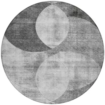8' Gray And Charcoal Round Geometric Washable Indoor Outdoor Area Rug