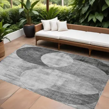 10' X 14' Gray And Charcoal Geometric Washable Indoor Outdoor Area Rug
