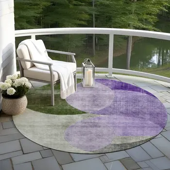 8' Lavender Purple And Green Round Geometric Washable Indoor Outdoor Area Rug