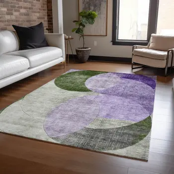 8' X 10' Lavender Purple And Green Geometric Washable Indoor Outdoor Area Rug