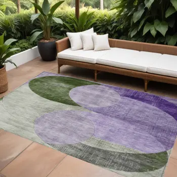 9' X 12' Lavender Purple And Green Geometric Washable Indoor Outdoor Area Rug