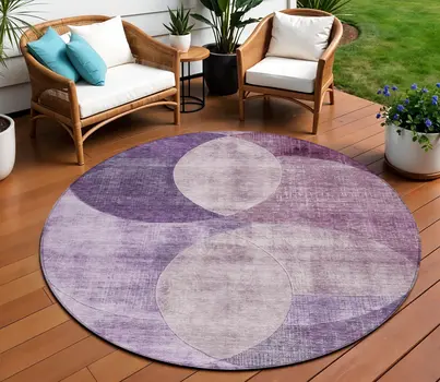 8' Purple And Lavender Round Geometric Washable Indoor Outdoor Area Rug