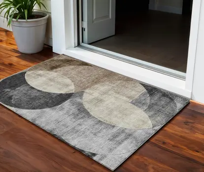 3' X 5' Pewter Brown And Charcoal Geometric Washable Indoor Outdoor Area Rug