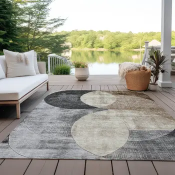 3' X 5' Pewter Brown And Charcoal Geometric Washable Indoor Outdoor Area Rug