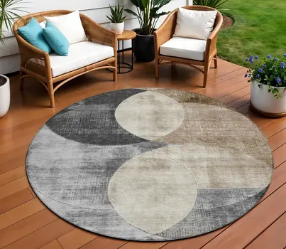 8' Pewter Brown And Charcoal Round Geometric Washable Indoor Outdoor Area Rug