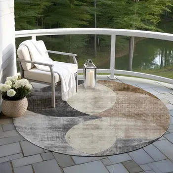 8' Pewter Brown And Charcoal Round Geometric Washable Indoor Outdoor Area Rug