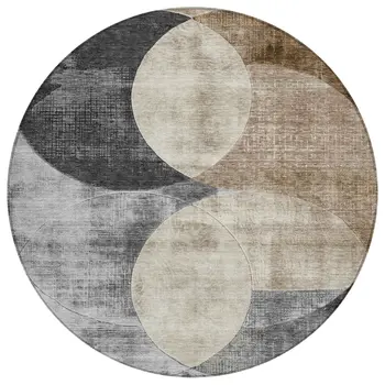 8' Pewter Brown And Charcoal Round Geometric Washable Indoor Outdoor Area Rug