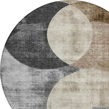 8' Pewter Brown And Charcoal Round Geometric Washable Indoor Outdoor Area Rug