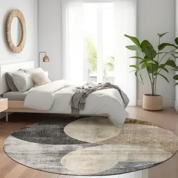8' Pewter Brown And Charcoal Round Geometric Washable Indoor Outdoor Area Rug