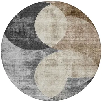 8' Pewter Brown And Charcoal Round Geometric Washable Indoor Outdoor Area Rug