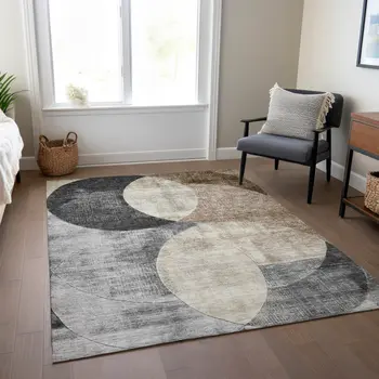 9' X 12' Pewter Brown And Charcoal Geometric Washable Indoor Outdoor Area Rug