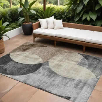 10' X 14' Pewter Brown And Charcoal Geometric Washable Indoor Outdoor Area Rug