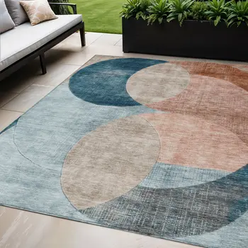 5' X 8' Rust Beige And Teal Blue Geometric Washable Indoor Outdoor Area Rug