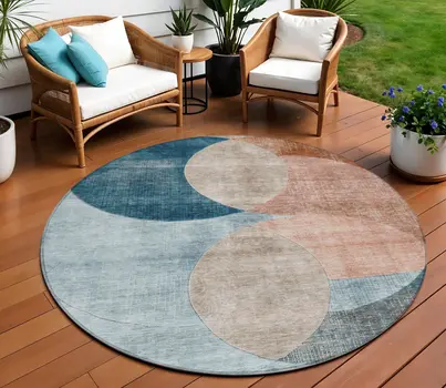 8' Rust Beige And Teal Blue Round Geometric Washable Indoor Outdoor Area Rug