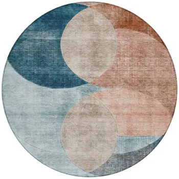 8' Rust Beige And Teal Blue Round Geometric Washable Indoor Outdoor Area Rug