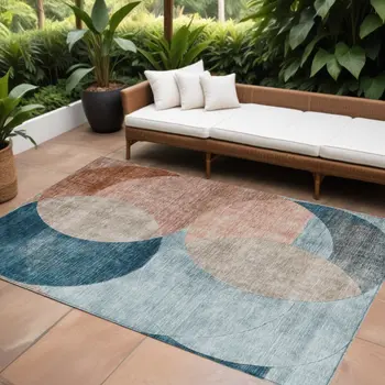 8' X 10' Rust Beige And Teal Blue Geometric Washable Indoor Outdoor Area Rug