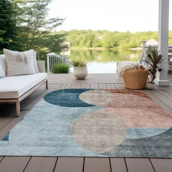 10' X 14' Rust Beige And Teal Blue Geometric Washable Indoor Outdoor Area Rug