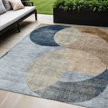 5' X 8' Sky Blue Brown And Beige Geometric Washable Indoor Outdoor Area Rug
