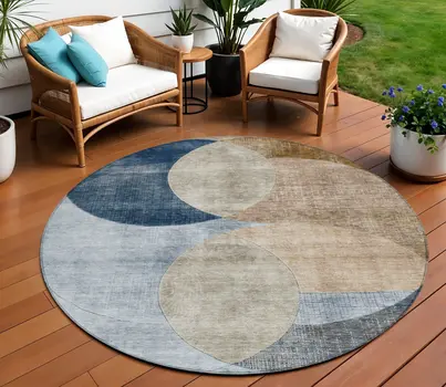 8' Sky Blue Brown And Beige Round Geometric Washable Indoor Outdoor Area Rug