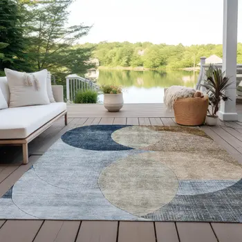 10' X 14' Sky Blue Brown And Beige Geometric Washable Indoor Outdoor Area Rug