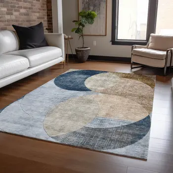 10' X 14' Sky Blue Brown And Beige Geometric Washable Indoor Outdoor Area Rug