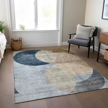 10' X 14' Sky Blue Brown And Beige Geometric Washable Indoor Outdoor Area Rug