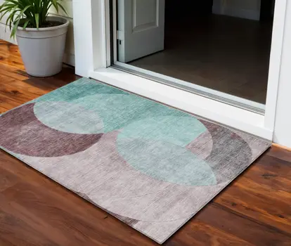 3' X 5' Teal Blue Brown And Beige Geometric Washable Indoor Outdoor Area Rug