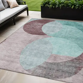 5' X 8' Teal Blue Brown And Beige Geometric Washable Indoor Outdoor Area Rug
