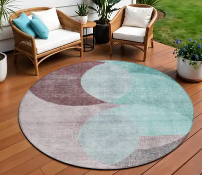 8' Teal Blue Brown And Beige Round Geometric Washable Indoor Outdoor Area Rug