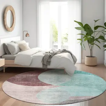 8' Teal Blue Brown And Beige Round Geometric Washable Indoor Outdoor Area Rug