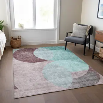9' X 12' Teal Blue Brown And Beige Geometric Washable Indoor Outdoor Area Rug