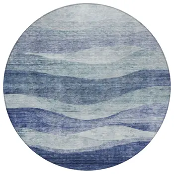 8' Light Blue And Dark Blue Round Abstract Washable Indoor Outdoor Area Rug