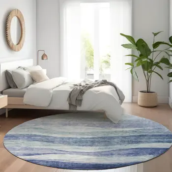 8' Light Blue And Dark Blue Round Abstract Washable Indoor Outdoor Area Rug