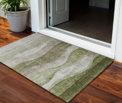 3' X 5' Green And Beige Abstract Washable Indoor Outdoor Area Rug