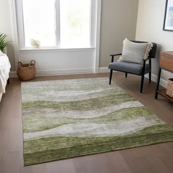 3' X 5' Green And Beige Abstract Washable Indoor Outdoor Area Rug